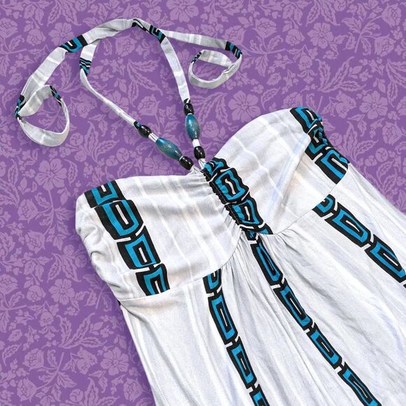 2000s Venus White and Blue Beachy Halter Dress with Wooden Bead Detail | Size M - Picture 2 of 7